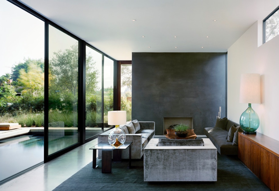 minimalist living room area with swimming pool design