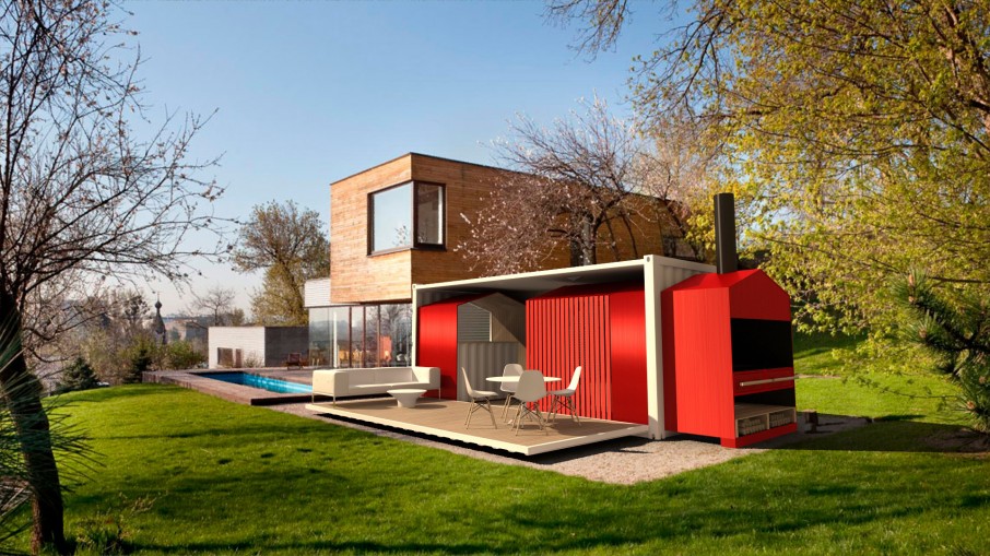 red two story container house