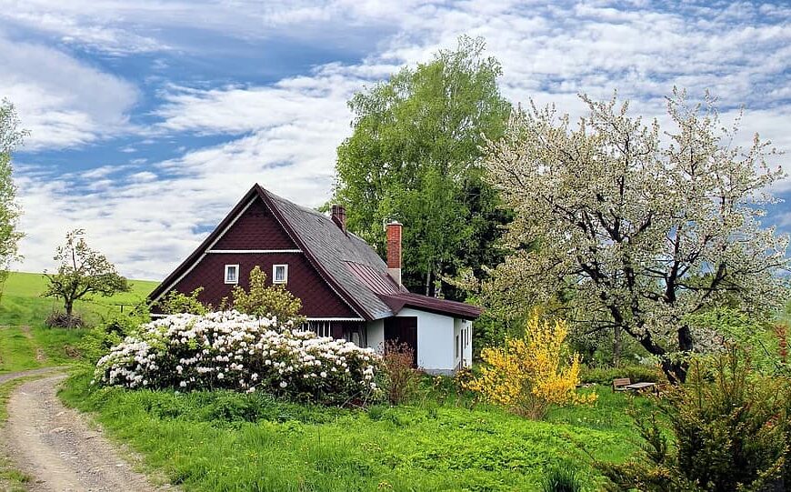 spring cottage house home garden grass landscape secluded