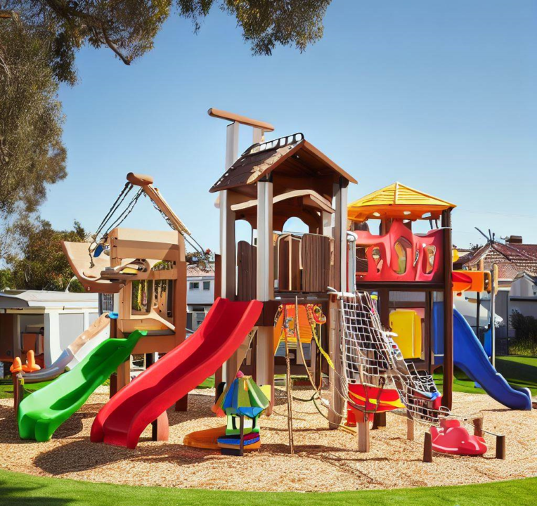 Kids playground with slides and rope