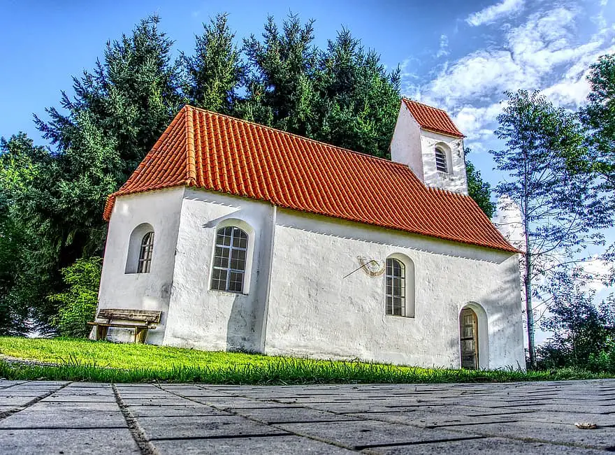 chapel church faith steeple bank landscape romance trees green