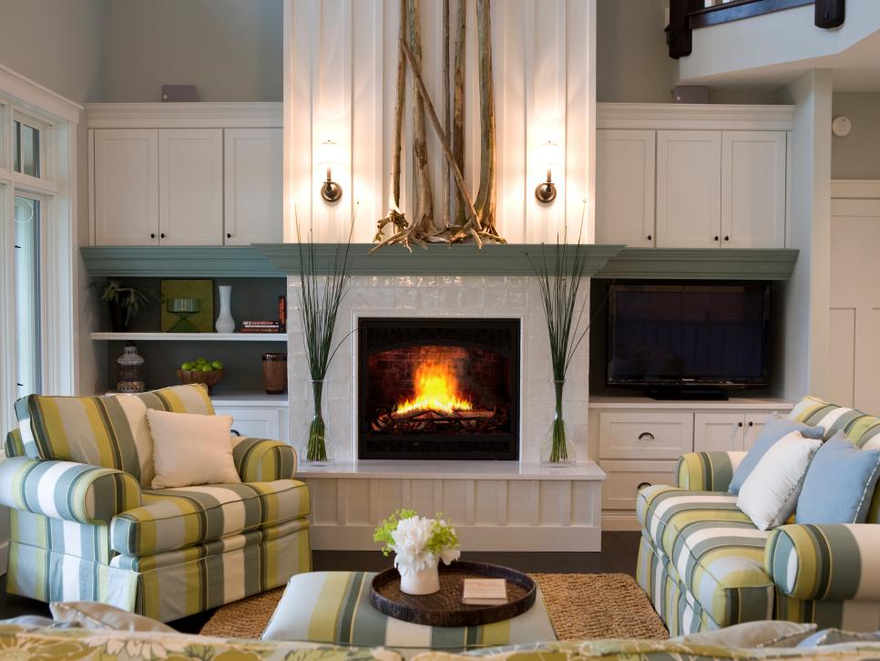 fireplace with shelving