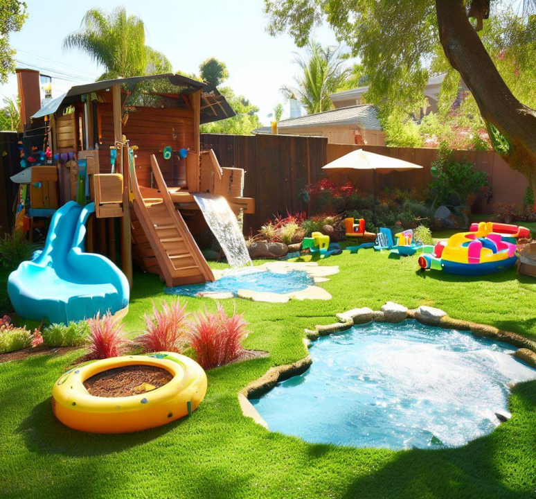 kids big backyard with mini water oasis ideas