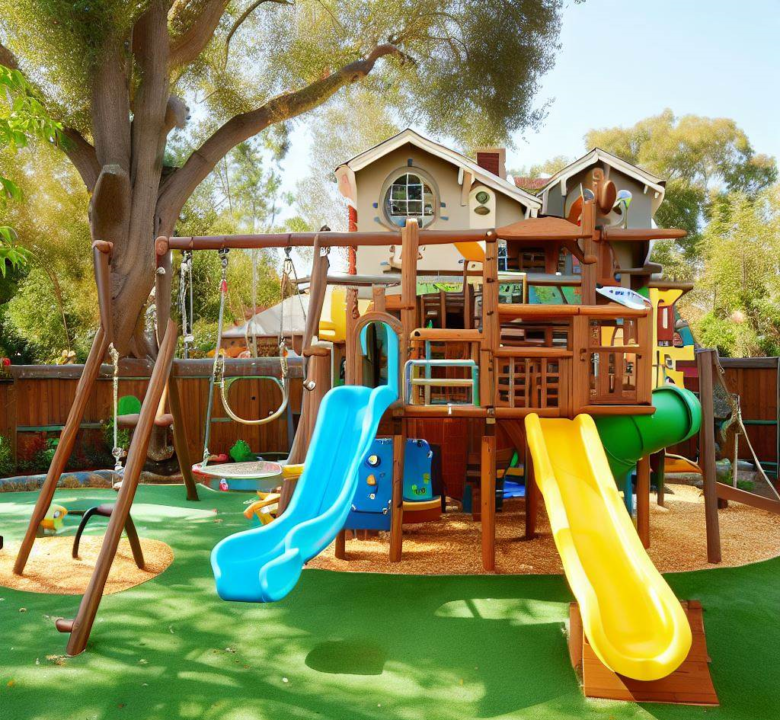 kids playground with slides, climbing, swing and playhouse