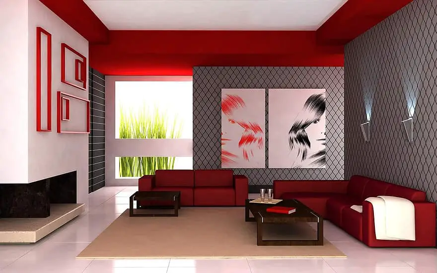 living room apartment red white interior design furniture modern