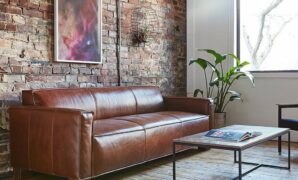 living room ideas leather sofa with brick wall