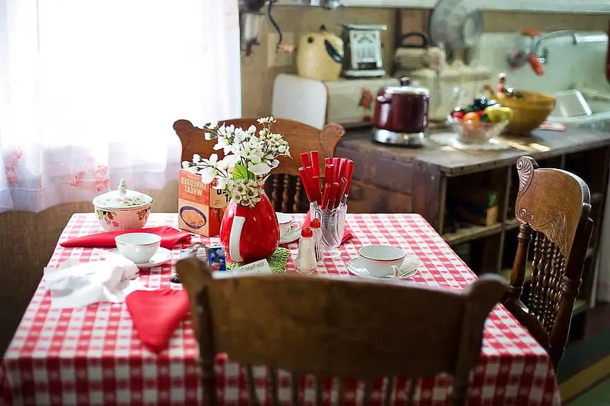 breakfast table kitchen table kitchen scene morning red