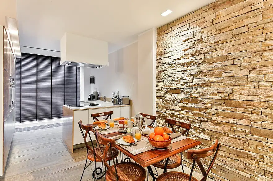 dining room kitchen modern style facing wall stone wall brickwall modern decor open kitchen 1