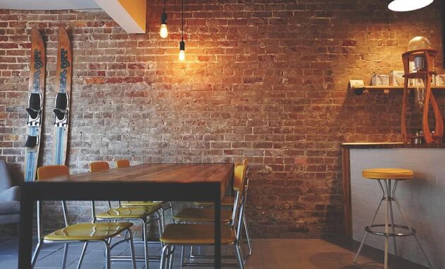 brick wall chairs furniture interior design lights restaurant table rustic 1