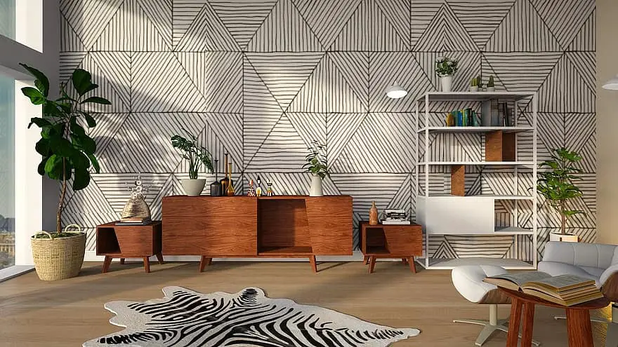 shelves carpet geometric pattern room light furniture modern be the interior of the