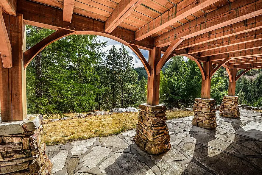 deck stone construction rural log wood wooden slate pillars