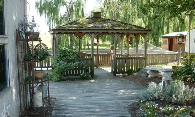 gazebo deck shade patio trees relaxation outdoors backyard pergola