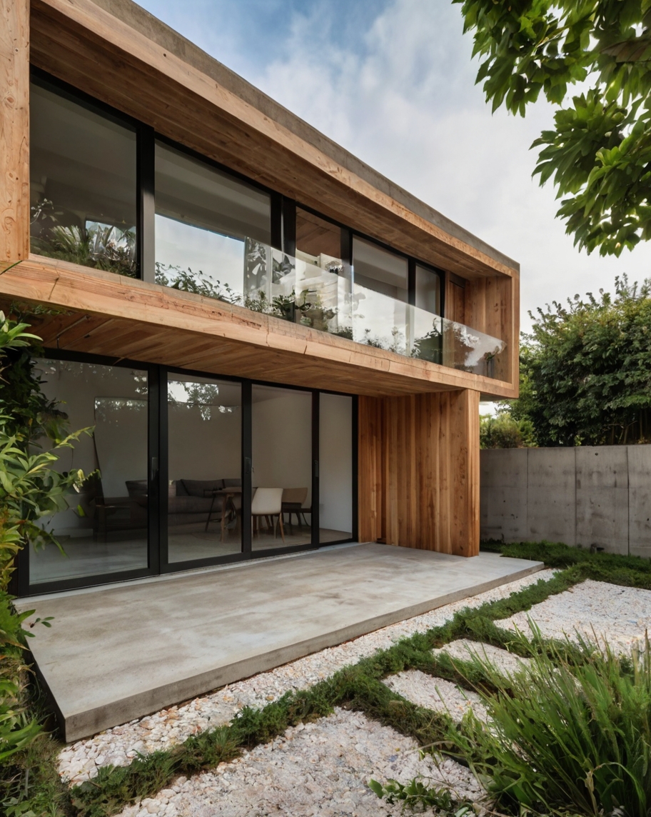 Default minimalist wooden concrete house with corner garden 0 (1)