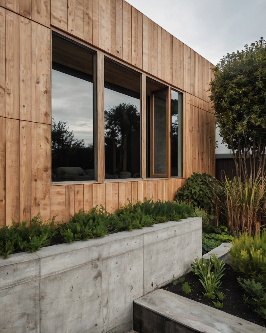 Default minimalist wooden concrete house with corner garden 0