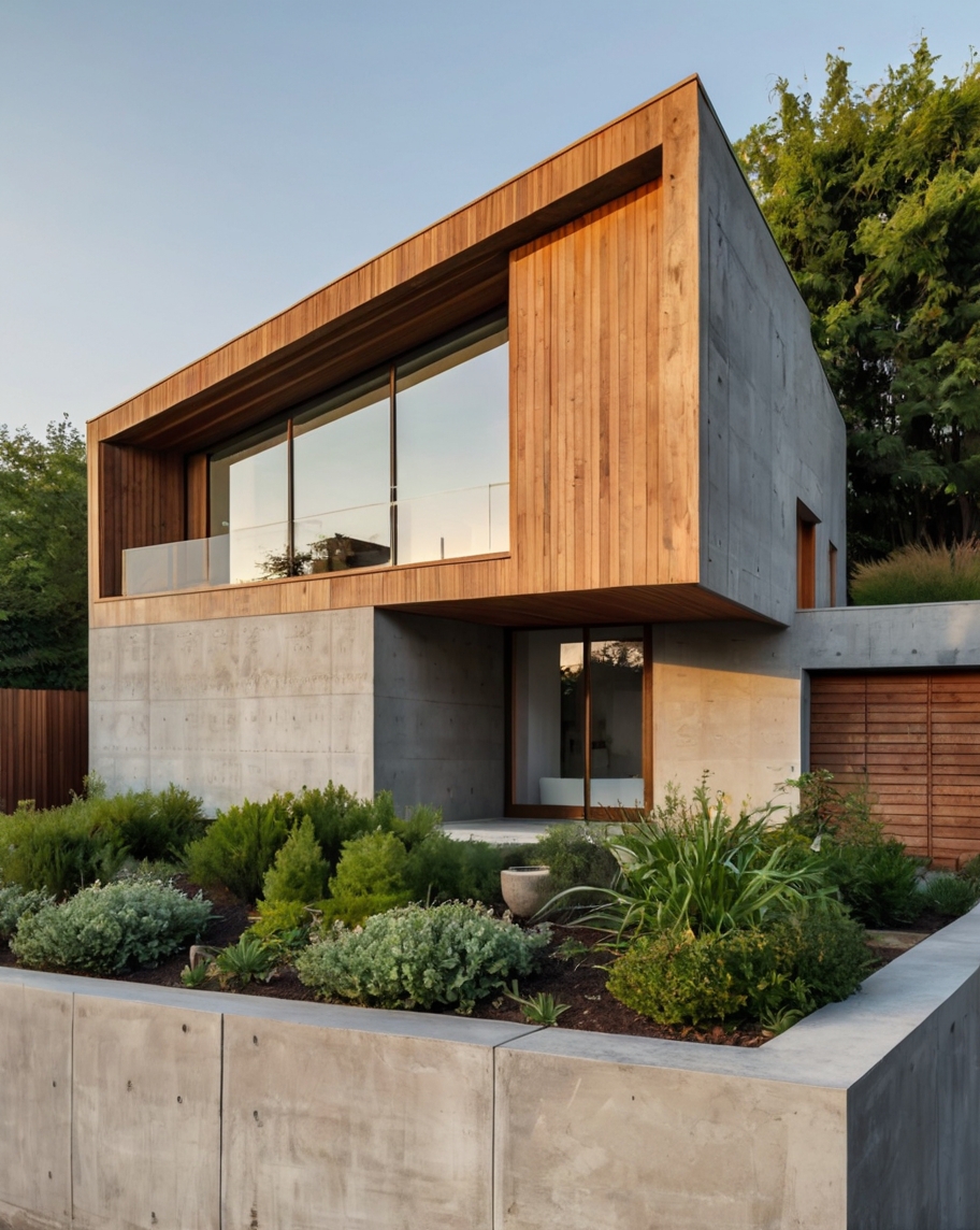 Default minimalist wooden concrete house with corner garden 1