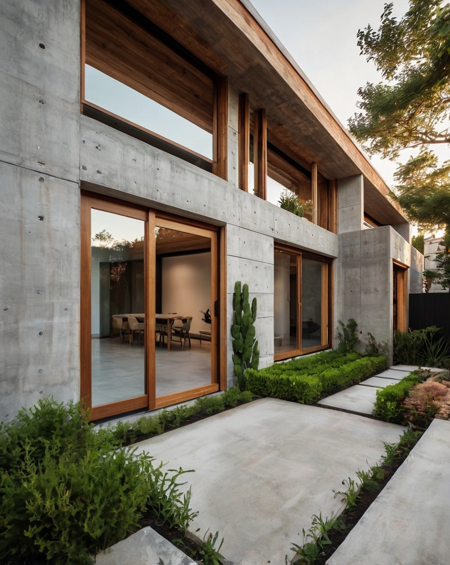 Default minimalist wooden concrete house with corner garden 2