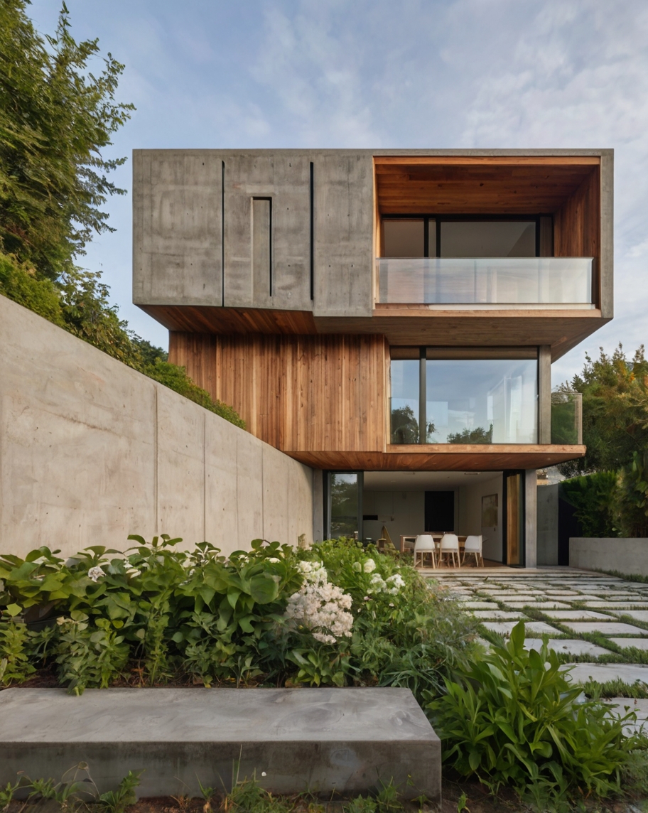 Default minimalist wooden concrete house with corner garden 3
