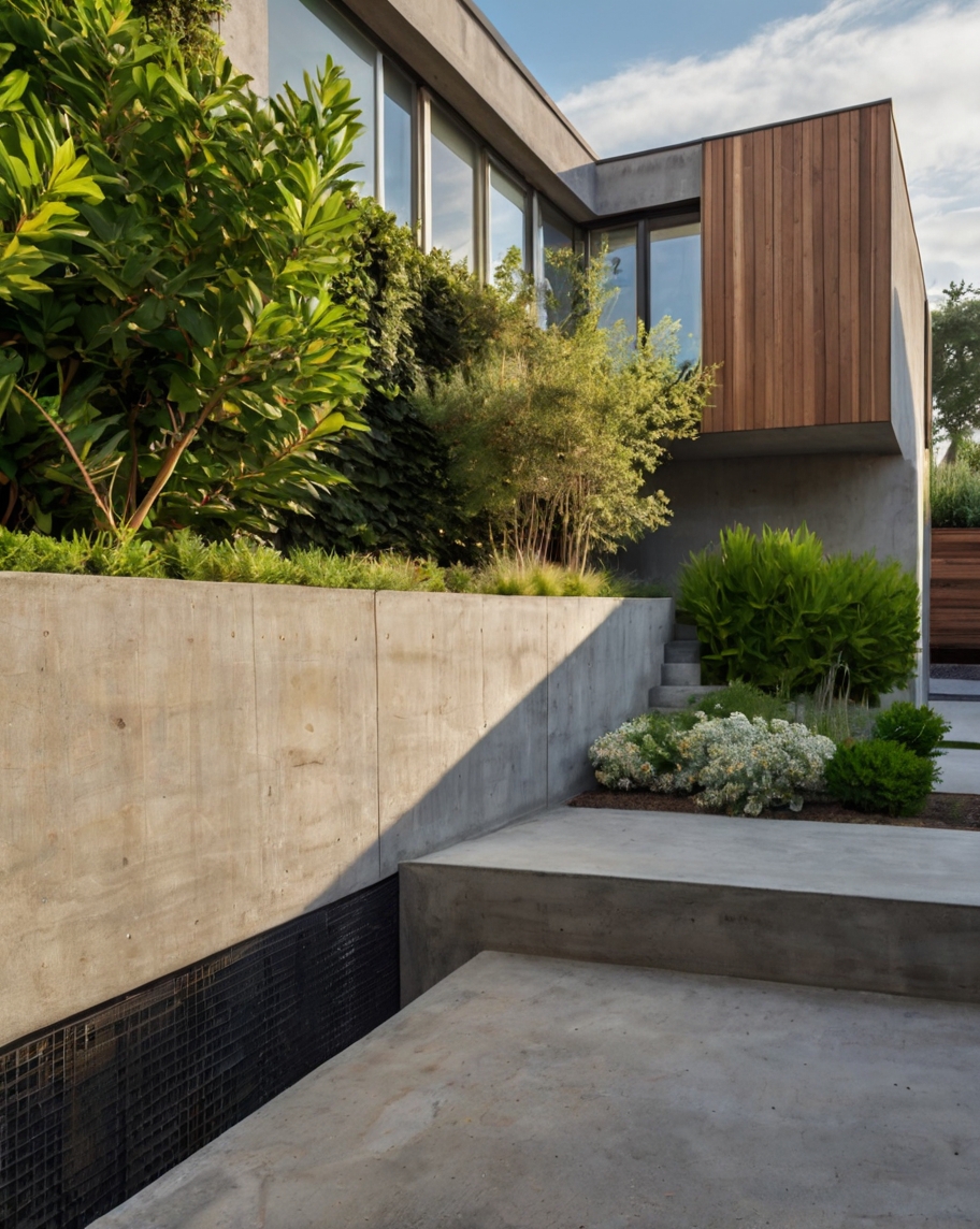 Default minimalist wooden concrete house with corner garden an 0