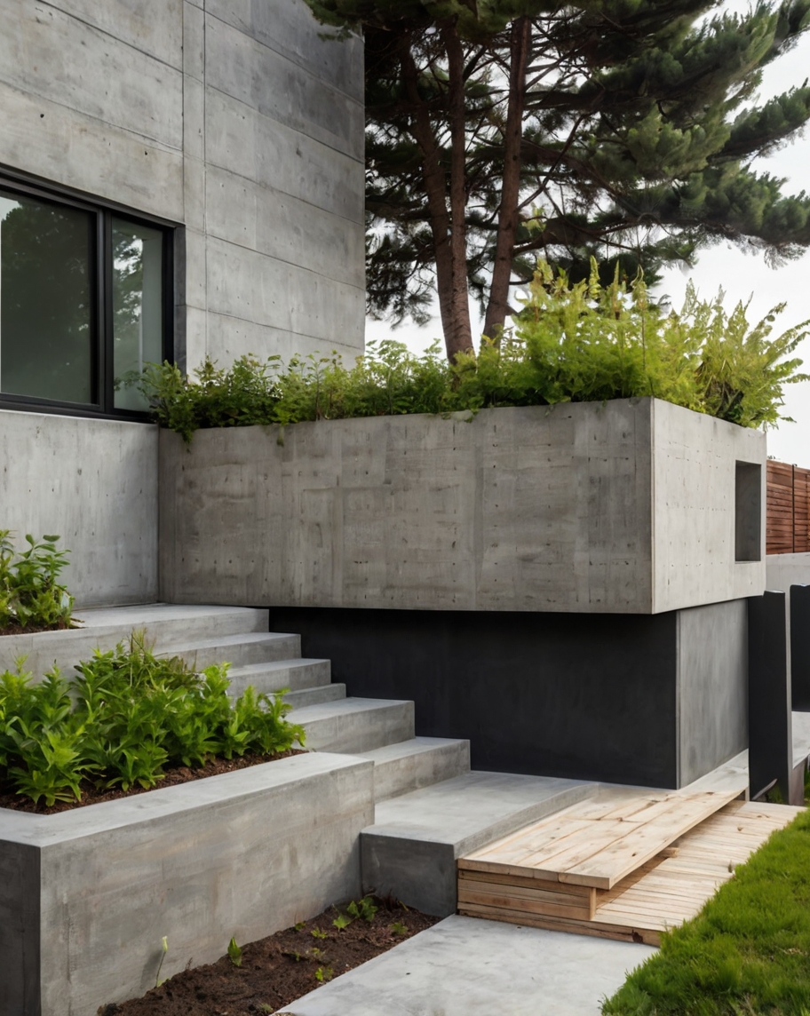 Default minimalist wooden concrete house with corner garden an 1