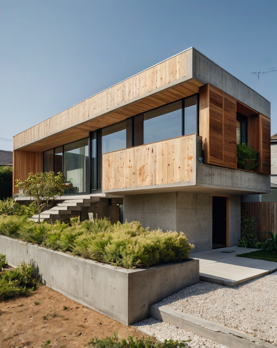 Default minimalist wooden concrete house with corner garden an 2