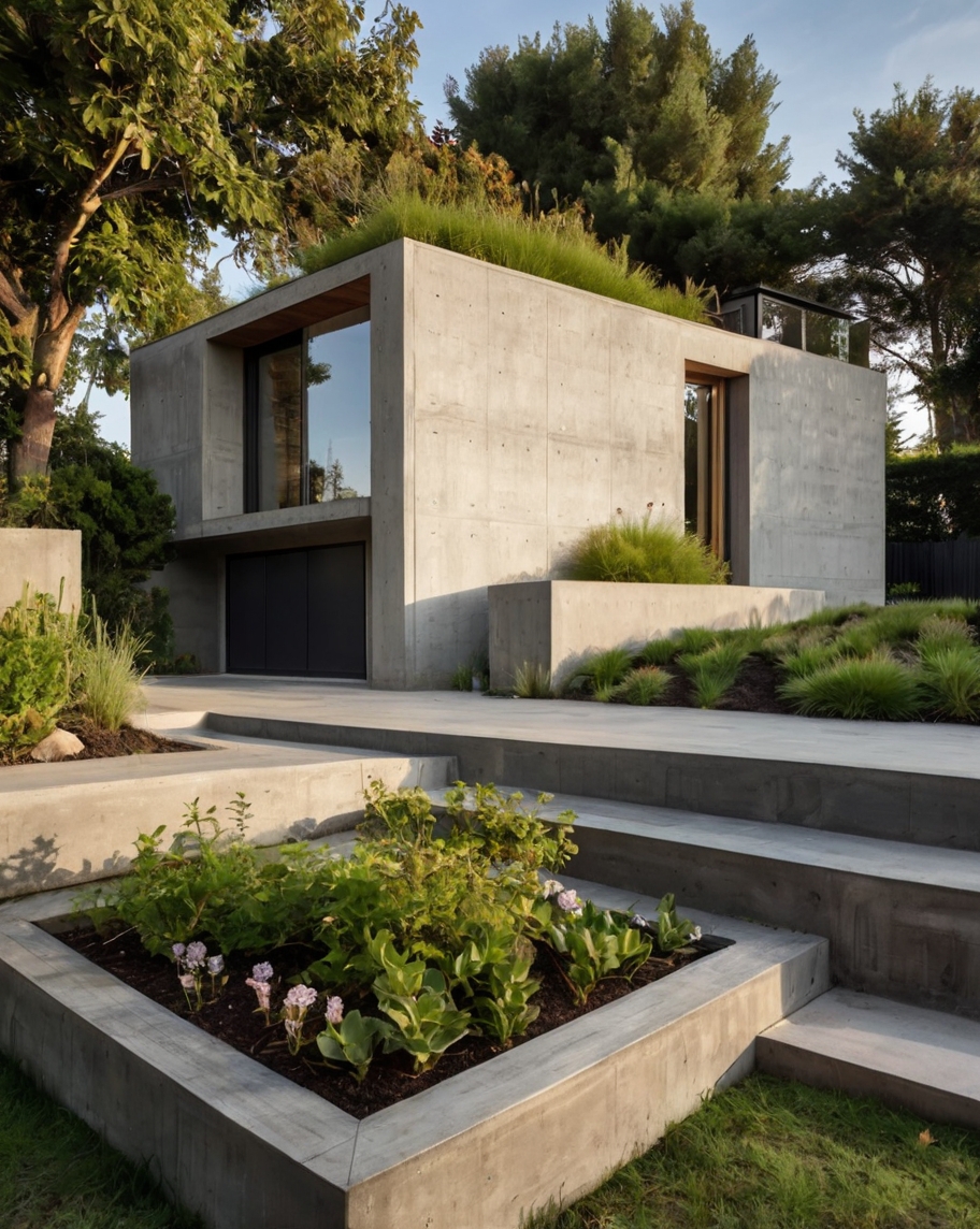 Default minimalist wooden concrete house with corner garden an 3