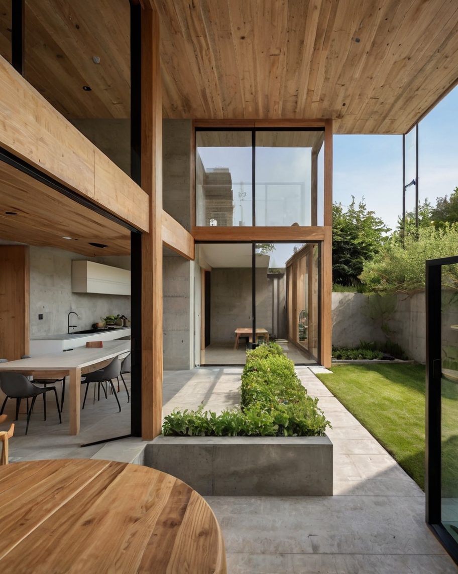 Default minimalist wooden concrete open house with garden 0