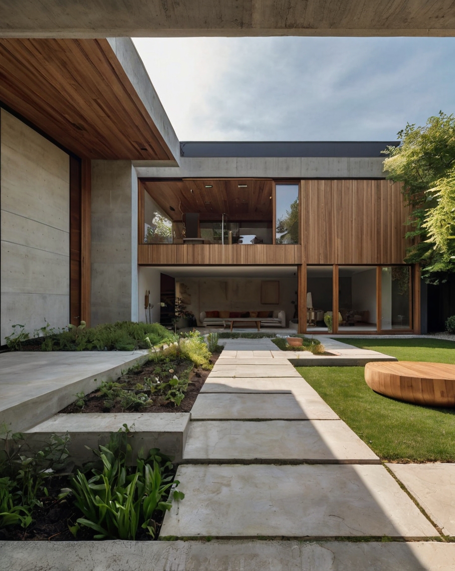 Default minimalist wooden concrete open house with garden 1