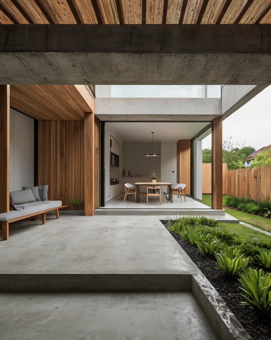 Default minimalist wooden concrete open house with garden 2