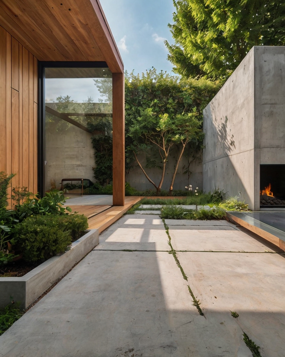 Default minimalist wooden concrete open house with garden 3