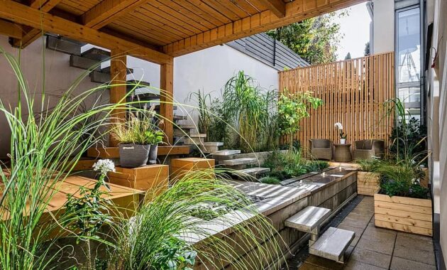 house patio luxury wood seat outdoors backyard contemporary garden