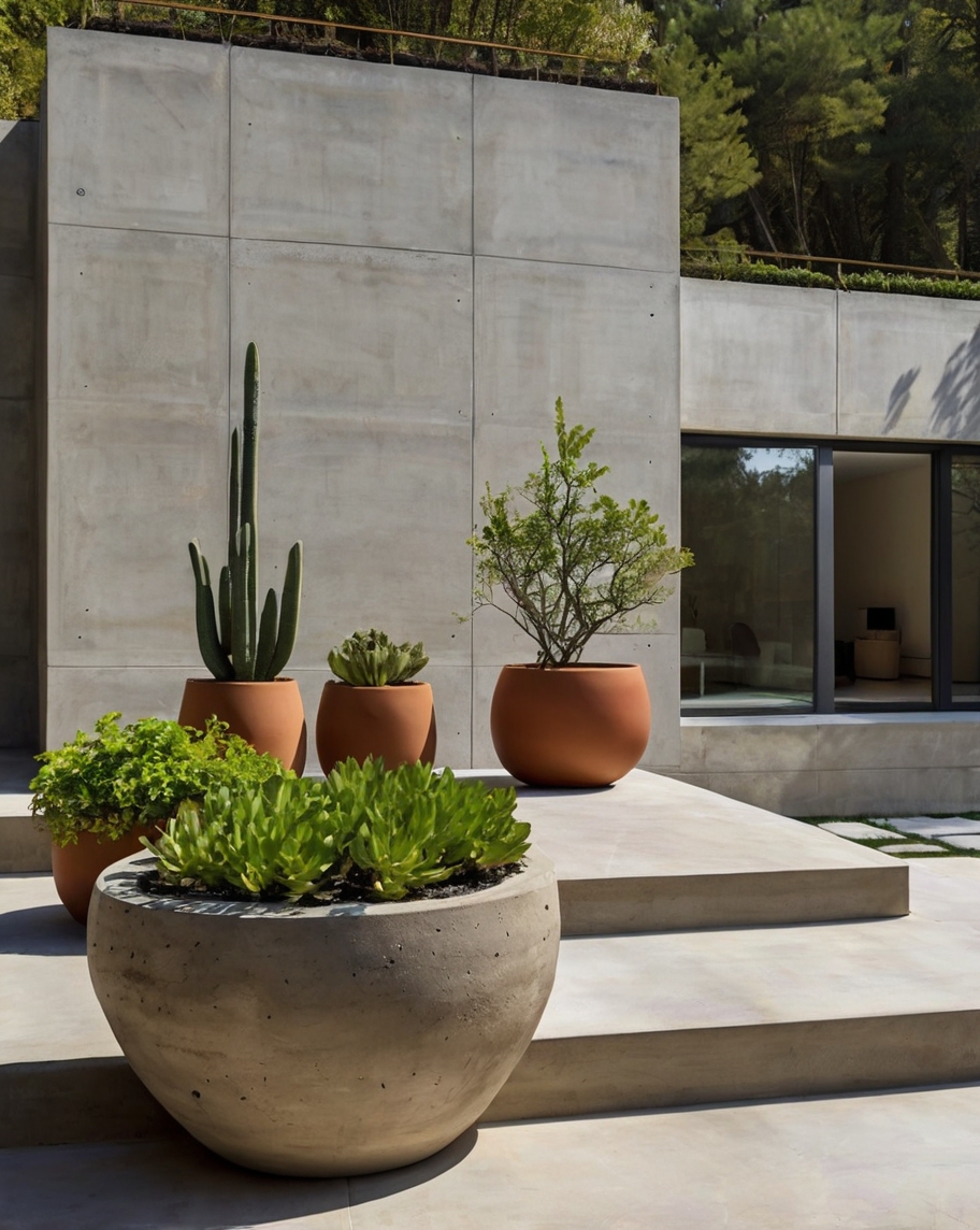 Default Minimalist concrete house with clay pots Rustic Outdoo 0