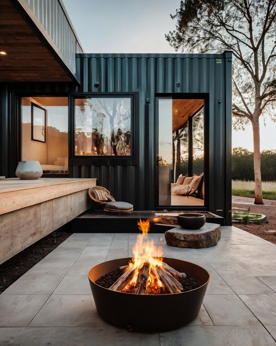 Default Minimalist container house with long terrace fire pit 0
