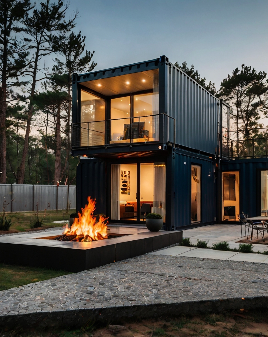 Default Minimalist container house with long terrace fire pit 1