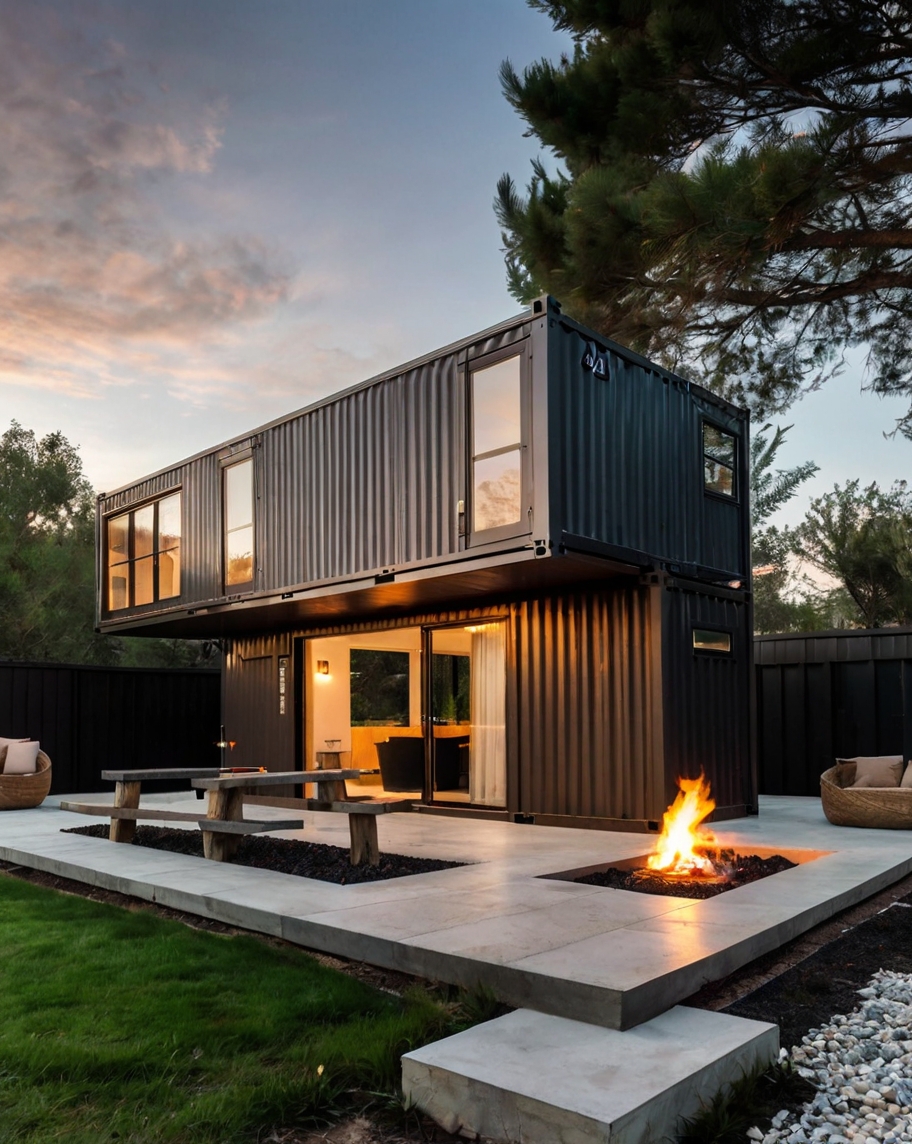 Default Minimalist container house with long terrace fire pit 2
