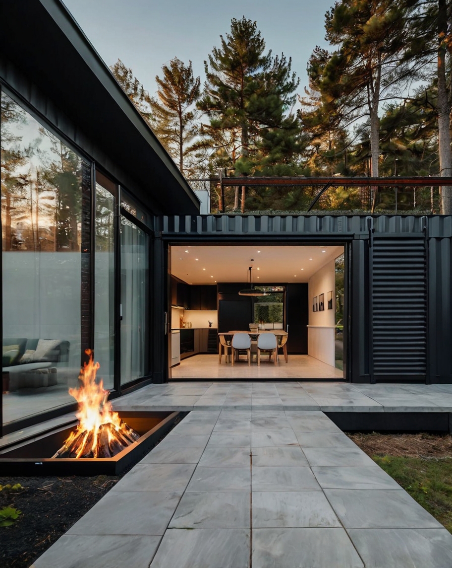 Default Minimalist container house with long terrace fire pit 3