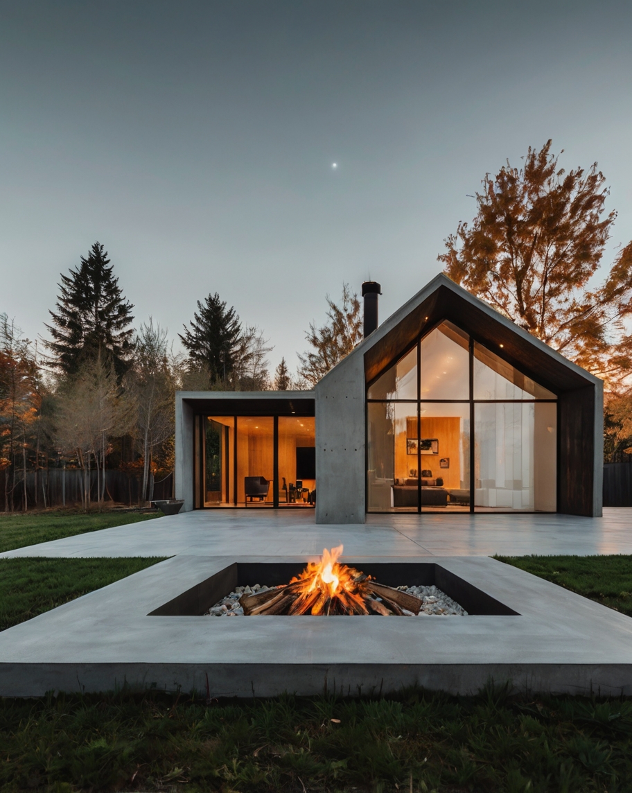 Default Minimalist wooden house with concrete Fire Pit 0