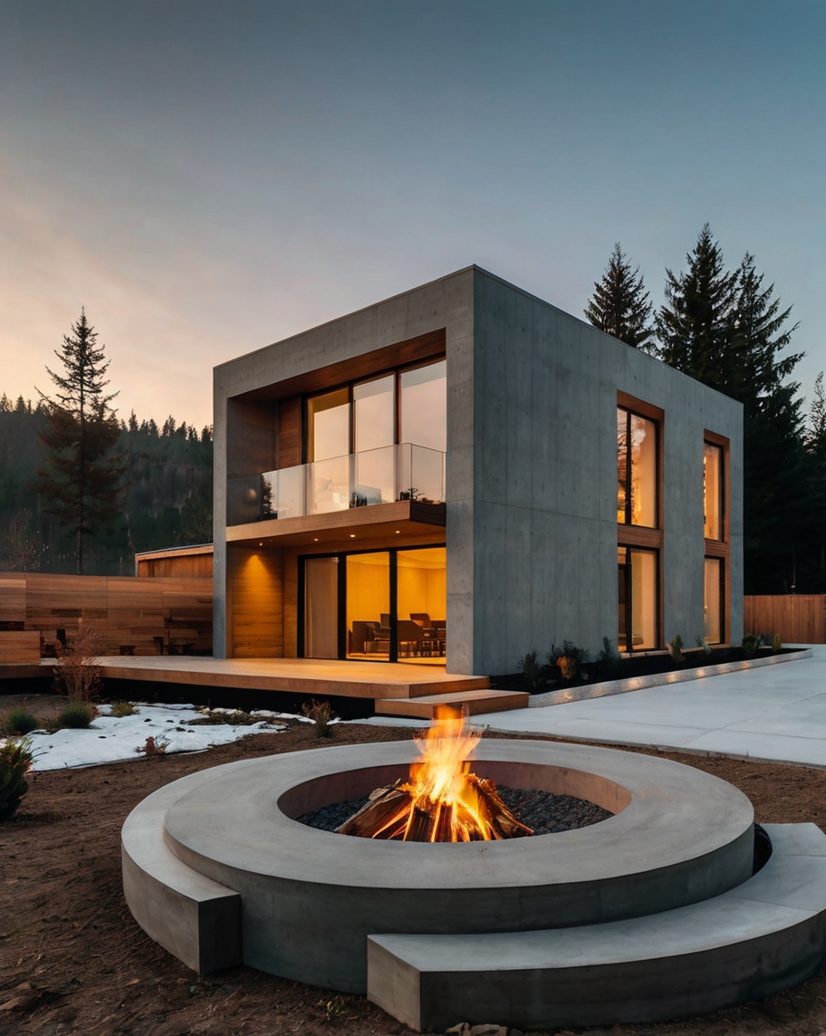 Default Minimalist wooden house with concrete Fire Pit 3