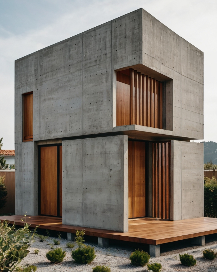 Default minimalist concrete house with Creative Wood Yard art 1