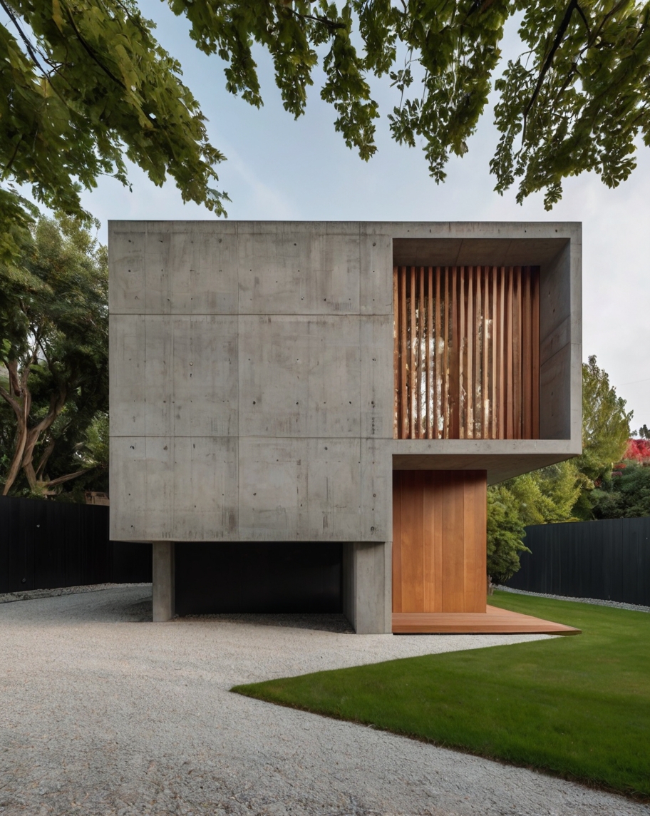 Default minimalist concrete house with Creative Wood Yard art 2