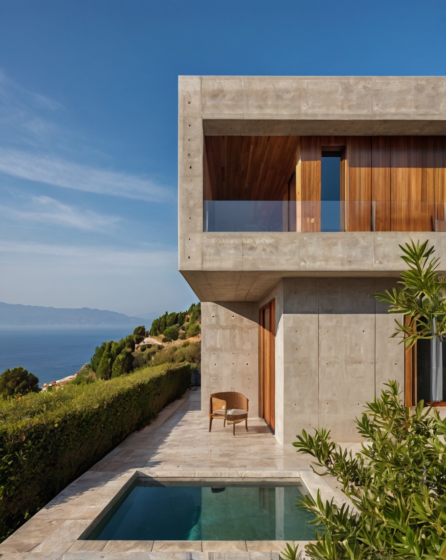 Default minimalist wooden concrete house with mediteranian con 0