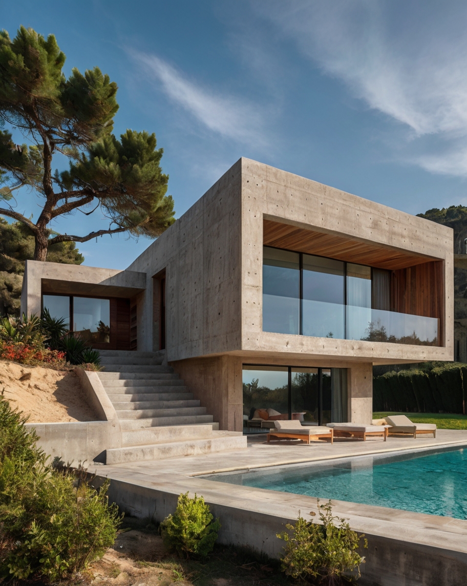 Default minimalist wooden concrete house with mediteranian con 1