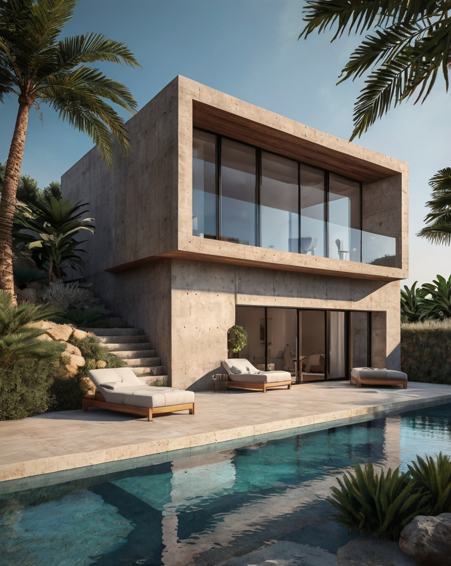 Default minimalist wooden concrete house with mediteranian con 2