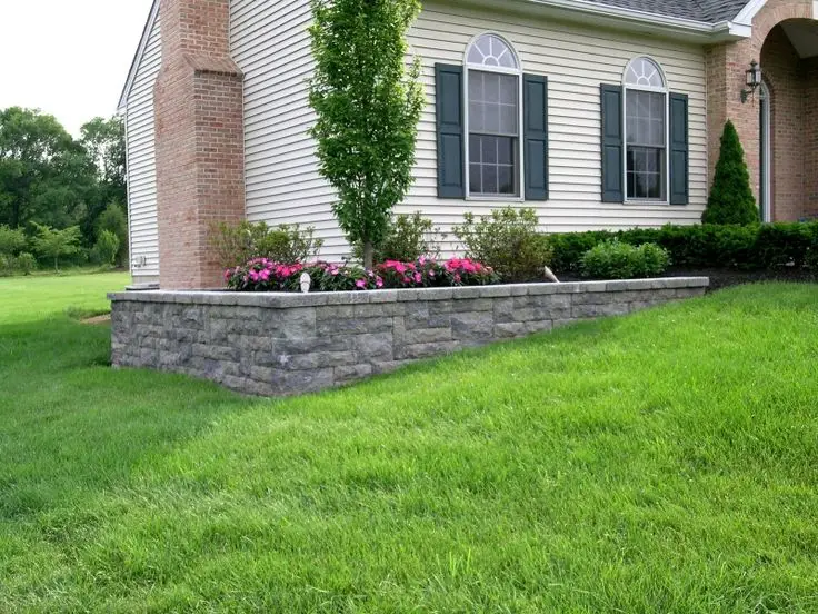 simple house yard with grass and flowers