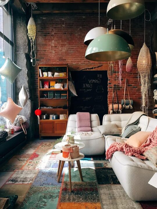 brick wall room interior design furniture decoration home indoors lamps pastel