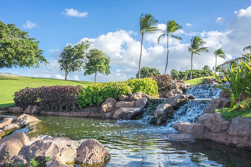 hawaii oahu waterfall rocks ko olina pond palm trees water landscape 1 hawaii oahu waterfall rocks ko olina pond palm trees water landscape 1