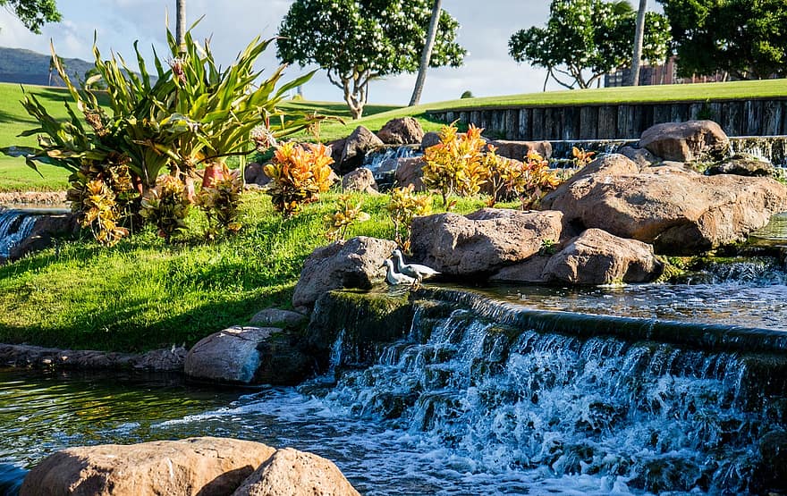 waterfall garden nature tropical water pond green landscape stone waterfall garden nature tropical water pond green landscape stone