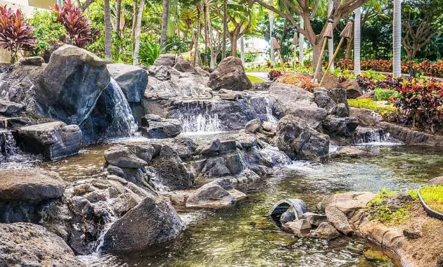 waterfall garden rocks nature pond green landscape stone park