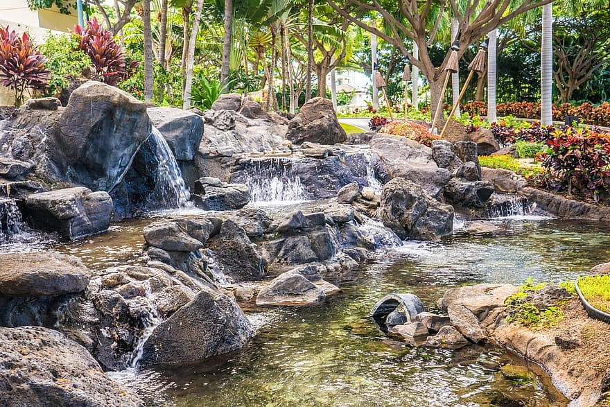 waterfall garden rocks nature pond green landscape stone park waterfall garden rocks nature pond green landscape stone park