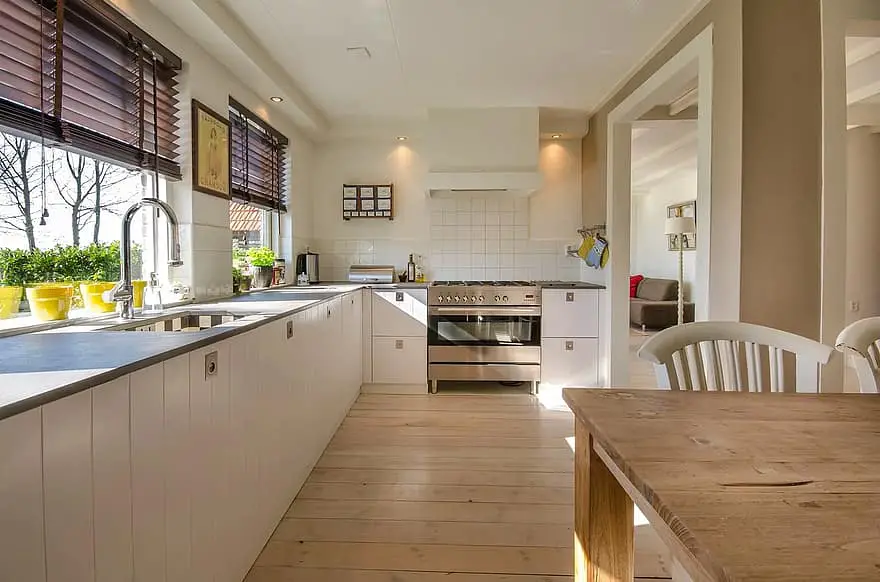 wooden floor kitchen room design with wall mounted lamp inspiration