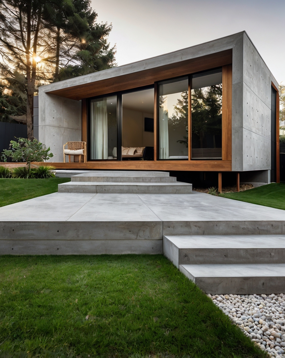 Default minimalist concrete wooden house with backyard landsca 2